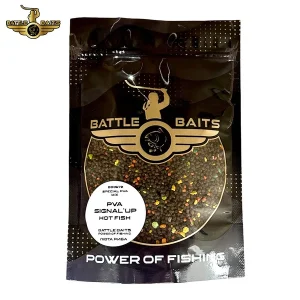 BATTLE BAITS MIX PVA SIGNAL’UP HOT FISH Mezcla para PVA Aroma – Pescado picante sabor picante Efecto de atracción de peces Da una señal continua a los peces. Muy atractivo y aromático. Embalaje - 400g